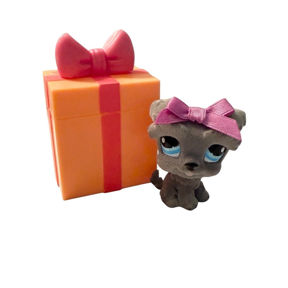Littlest Pet Shop Authentic LPS 1006 Fuzzy Gray Schnauzer Dog Box Bow Blue Eyes